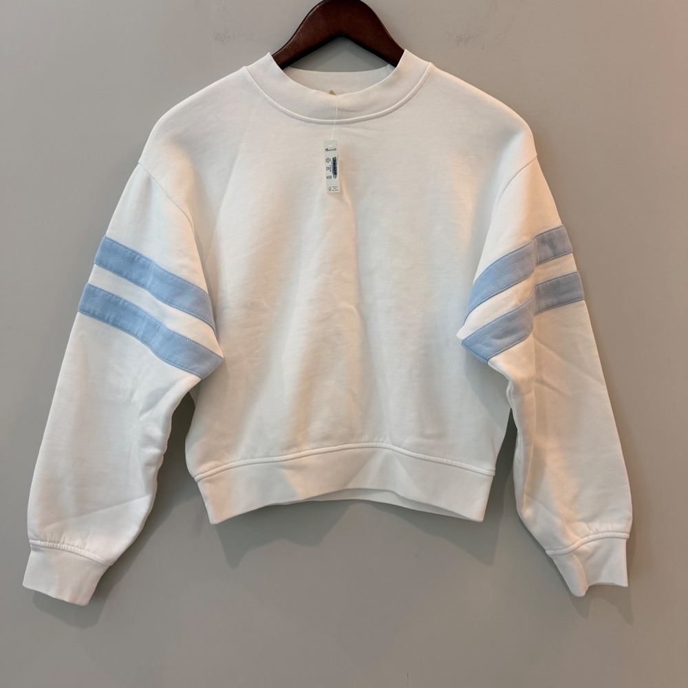 Madewell Sweatshirt Crewneck Varsity Stripe Oversized White Blue NY284 XXS NWT - Picture 2 of 14